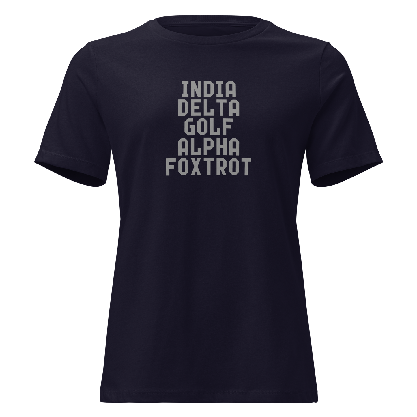 "India Delta Golf Alpha Foxtrot" printed on a navy on an invisible / simulated body