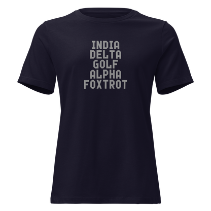 "India Delta Golf Alpha Foxtrot" printed on a navy on an invisible / simulated body