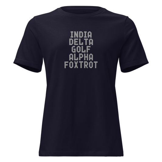 "India Delta Golf Alpha Foxtrot" printed on a navy on an invisible / simulated body