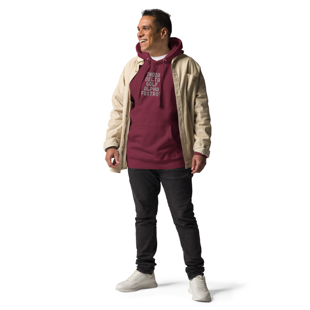 "India Delta Golf Alpha Foxtrot" printed on a maroon unisex hoodie worn by a male with a jacket on top
