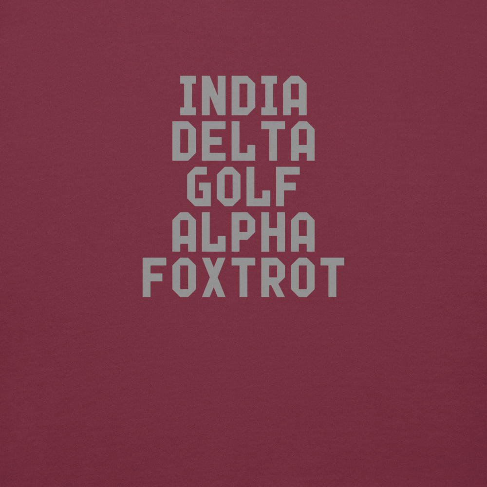 "India Delta Golf Alpha Foxtrot" printed on a maroon background