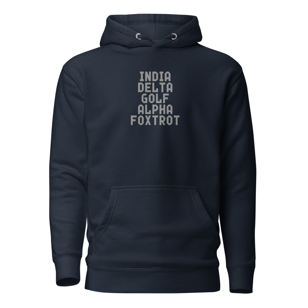 "India Delta Golf Alpha Foxtrot" printed on a navy blazer on an invisible / simulated body