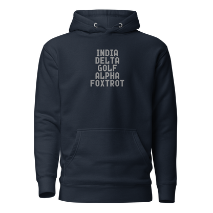 "India Delta Golf Alpha Foxtrot" printed on a navy blazer on an invisible / simulated body