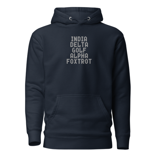 "India Delta Golf Alpha Foxtrot" printed on a navy blazer on an invisible / simulated body