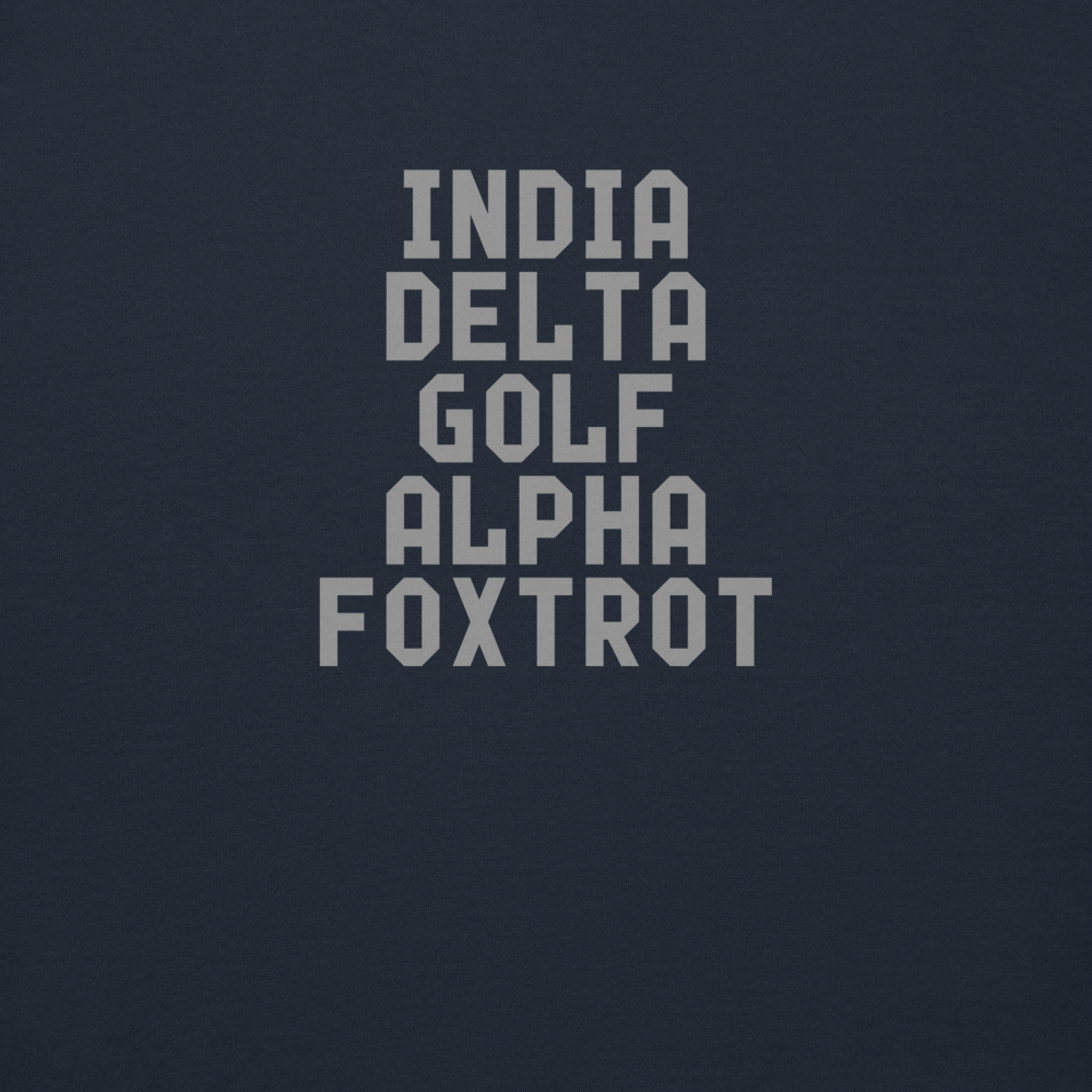 "India Delta Golf Alpha Foxtrot" printed on a navy blazer background