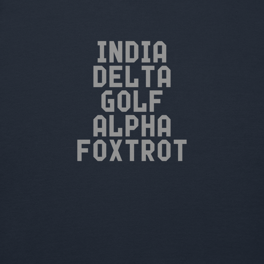 "India Delta Golf Alpha Foxtrot" printed on a navy blazer background
