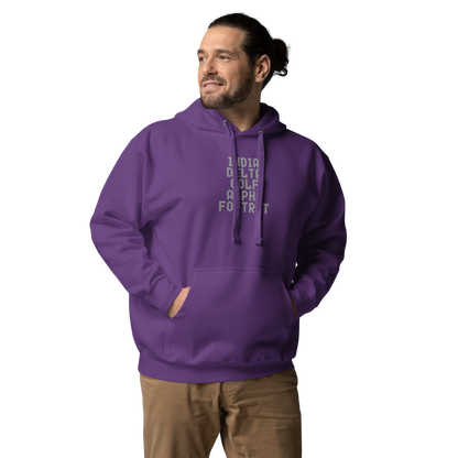 "India Delta Golf Alpha Foxtrot" printed on a purple unisex hoodie worn by a male
