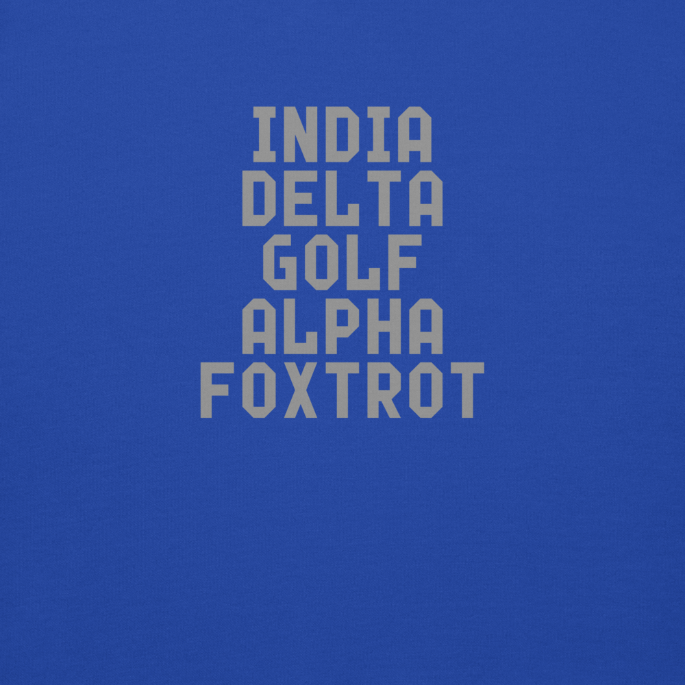"India Delta Golf Alpha Foxtrot" printed on a team royal background