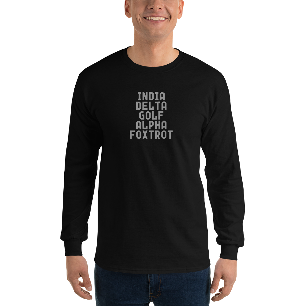 "India Delta Golf Alpha Foxtrot" printed on a black men's long sleeve shirt worn by a male