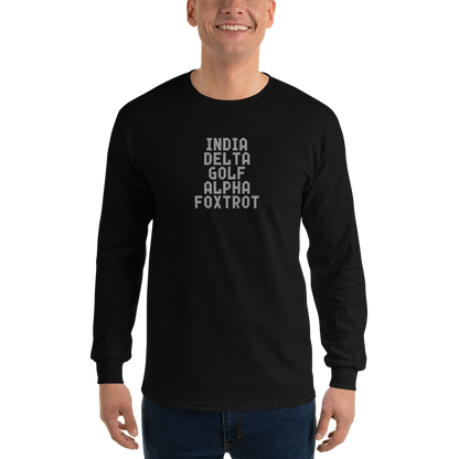 "India Delta Golf Alpha Foxtrot" printed on a black men's long sleeve shirt worn by a male