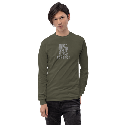 "India Delta Golf Alpha Foxtrot" printed on a military green men's long sleeve shirt worn by a male