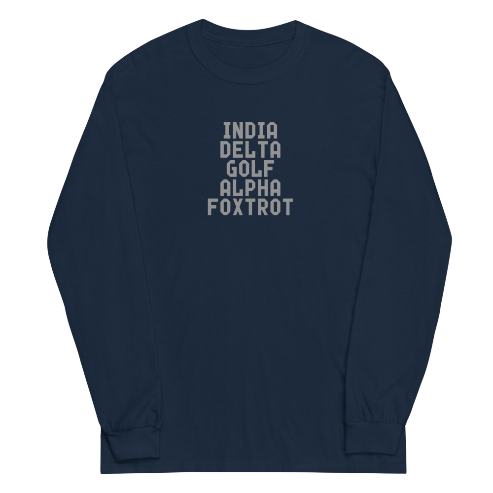 "India Delta Golf Alpha Foxtrot" printed on a navy men's long sleeve shirt laying on a flat surface
