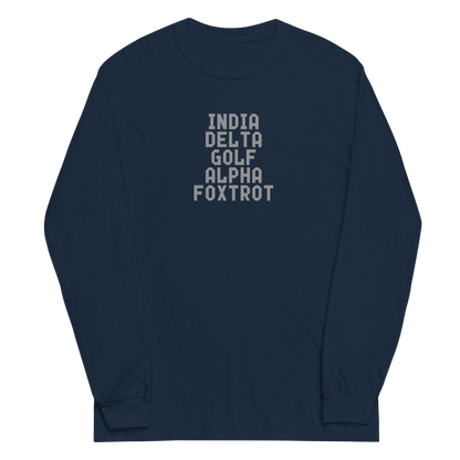 "India Delta Golf Alpha Foxtrot" printed on a navy men's long sleeve shirt laying on a flat surface