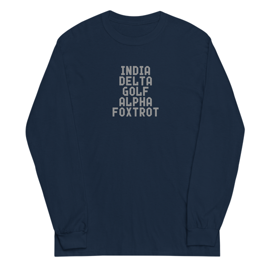 "India Delta Golf Alpha Foxtrot" printed on a navy men's long sleeve shirt laying on a flat surface