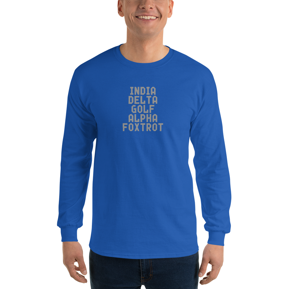 "India Delta Golf Alpha Foxtrot" printed on a royal men's long sleeve shirt worn by a male