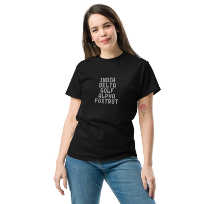 "India Delta Golf Alpha Foxtrot" printed on a black unisex classic tee worn by a female