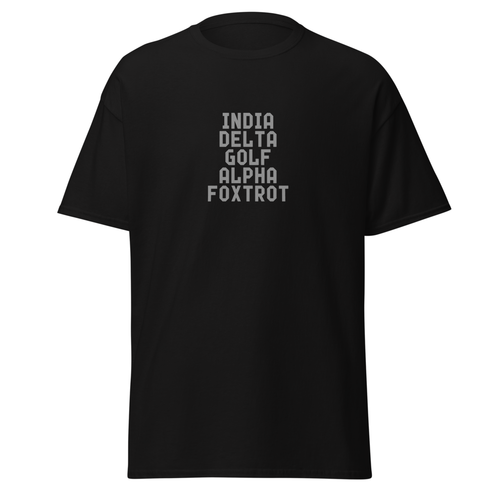 "India Delta Golf Alpha Foxtrot" printed on a black on an invisible body