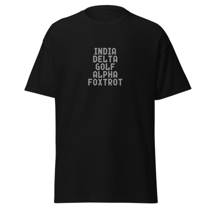 "India Delta Golf Alpha Foxtrot" printed on a black on an invisible body