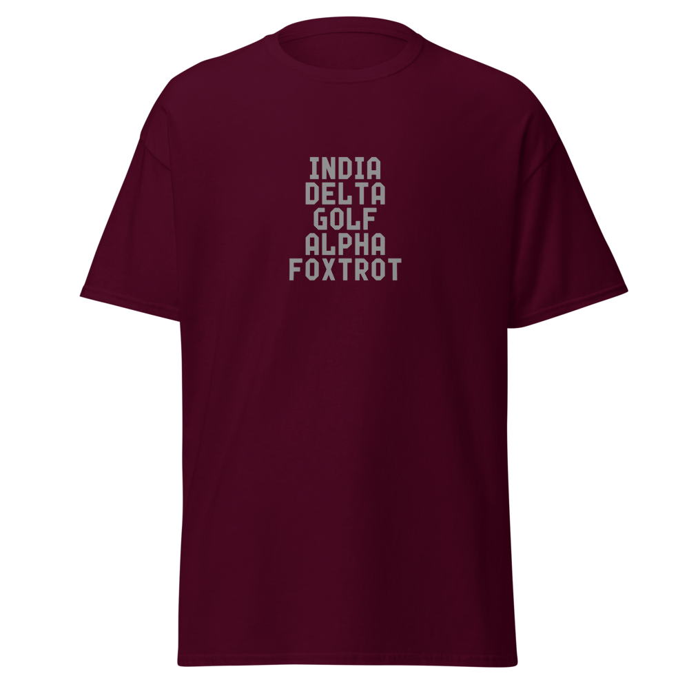 "India Delta Golf Alpha Foxtrot" printed on a maroon on an invisible body