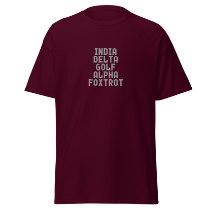 "India Delta Golf Alpha Foxtrot" printed on a maroon on an invisible body