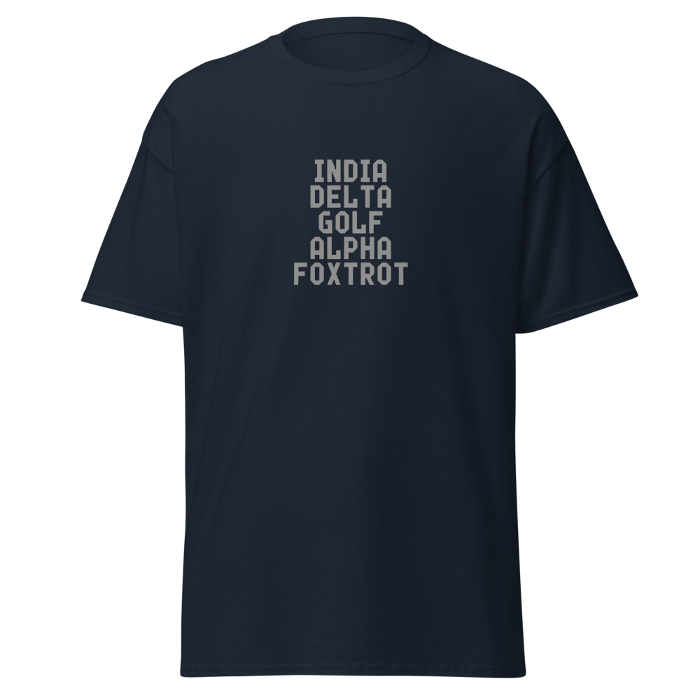 "India Delta Golf Alpha Foxtrot" printed on a navy on an invisible body