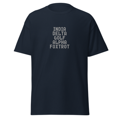 "India Delta Golf Alpha Foxtrot" printed on a navy on an invisible body