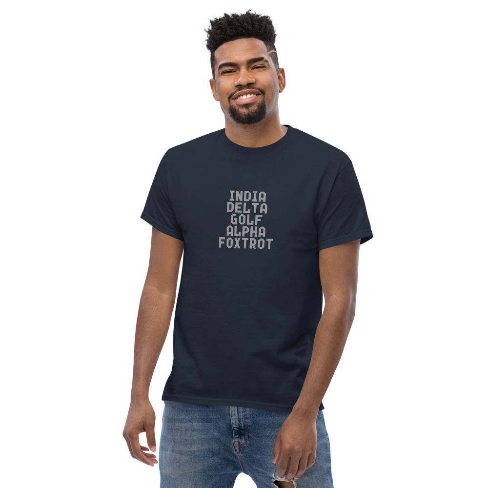 "India Delta Golf Alpha Foxtrot" printed on a navy unisex classic tee worn by a male
