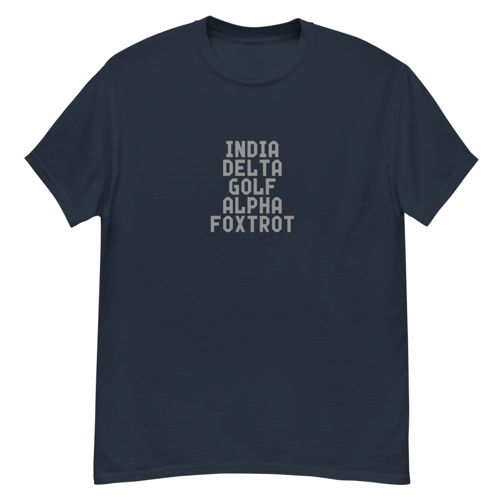 "India Delta Golf Alpha Foxtrot" printed on a navy unisex classic tee laying on a flat surface