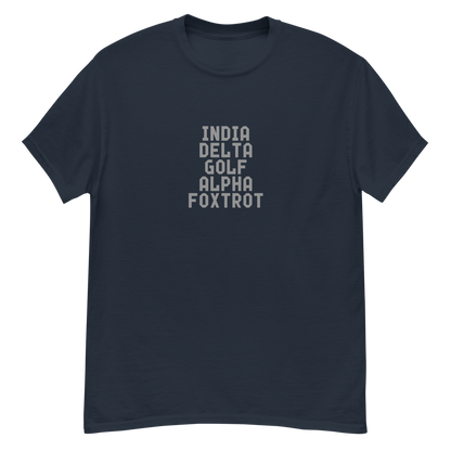 "India Delta Golf Alpha Foxtrot" printed on a navy unisex classic tee laying on a flat surface