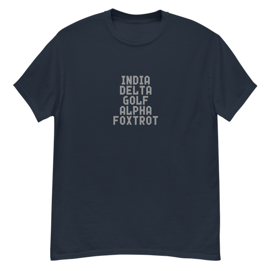 "India Delta Golf Alpha Foxtrot" printed on a navy unisex classic tee laying on a flat surface