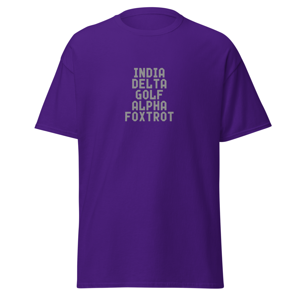 "India Delta Golf Alpha Foxtrot" printed on a purple on an invisible body