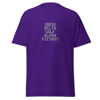 "India Delta Golf Alpha Foxtrot" printed on a purple on an invisible body