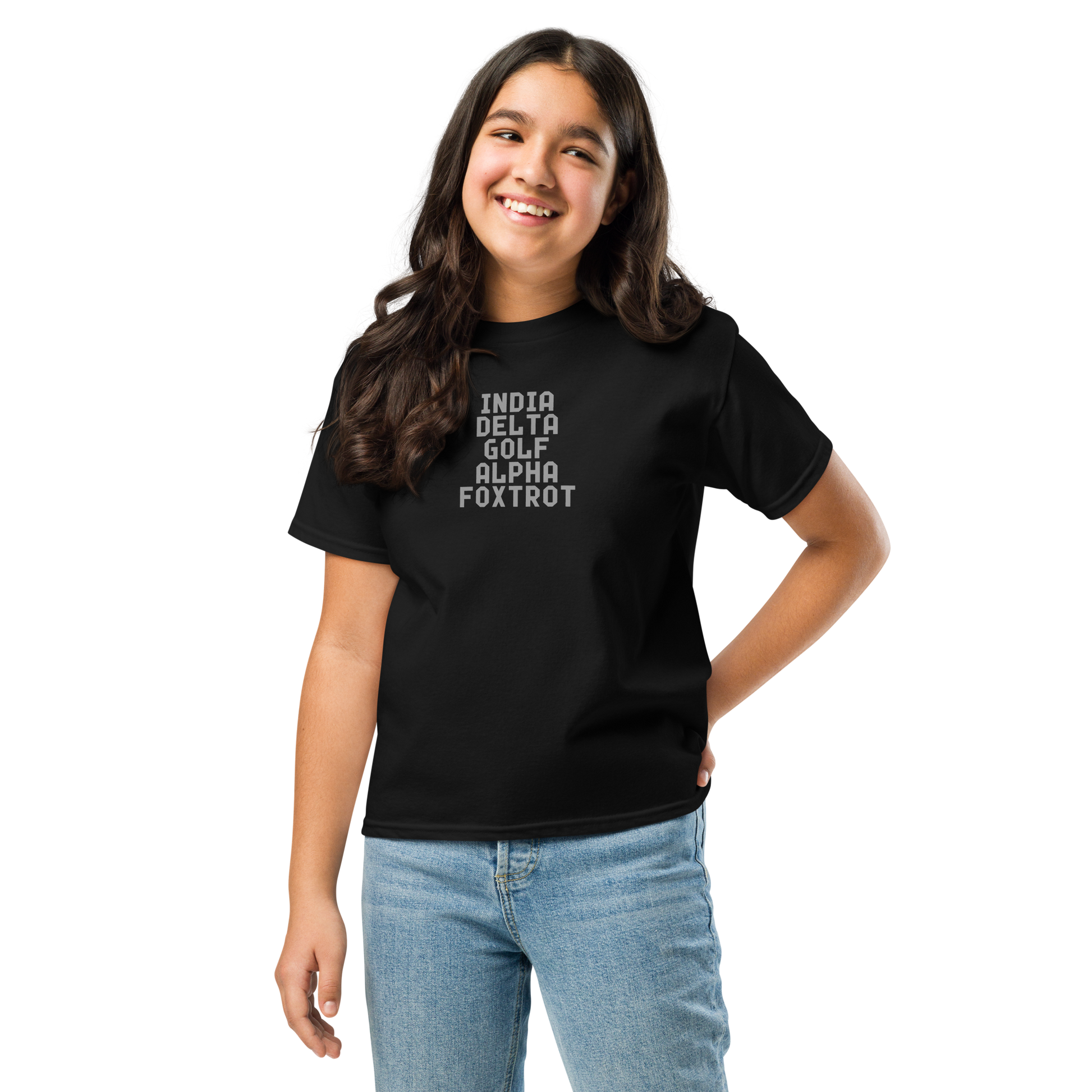 "India Delta Golf Alpha Foxtrot" printed on a black youth classic tee worn by a female