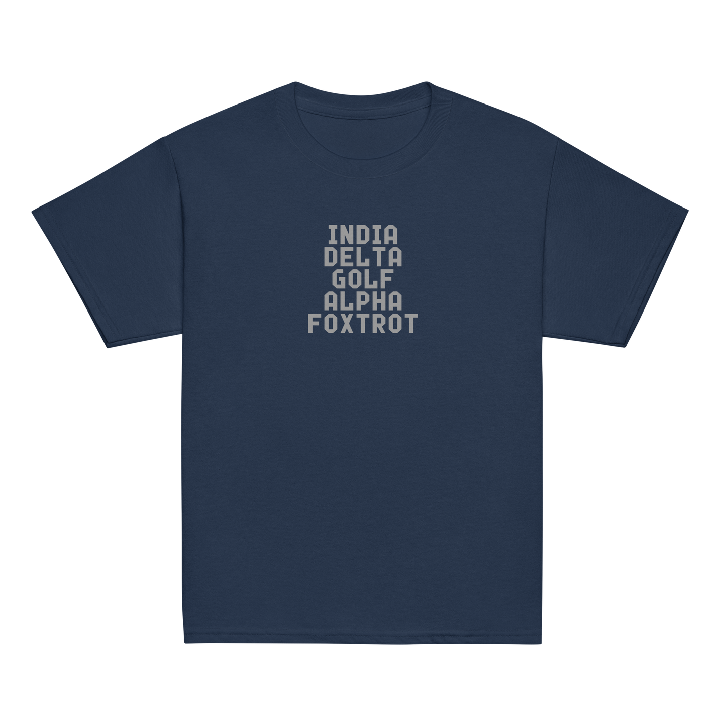 "India Delta Golf Alpha Foxtrot" printed on a navy youth classic tee laying on a flat surface