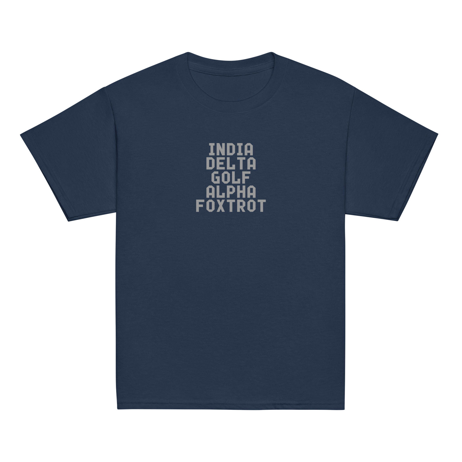 "India Delta Golf Alpha Foxtrot" printed on a navy youth classic tee laying on a flat surface