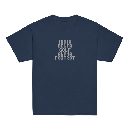 "India Delta Golf Alpha Foxtrot" printed on a navy youth classic tee laying on a flat surface