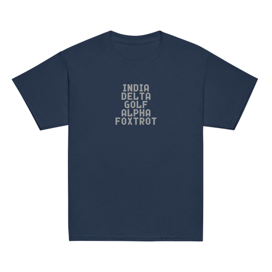"India Delta Golf Alpha Foxtrot" printed on a navy youth classic tee laying on a flat surface