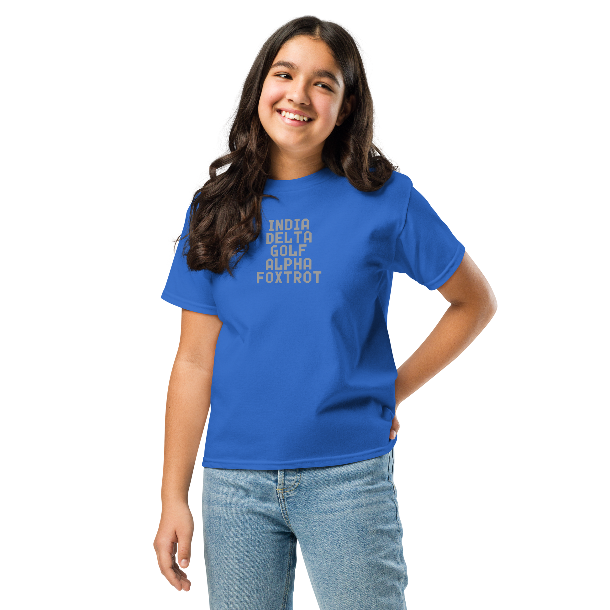 "India Delta Golf Alpha Foxtrot" printed on a royal youth classic tee worn by a female