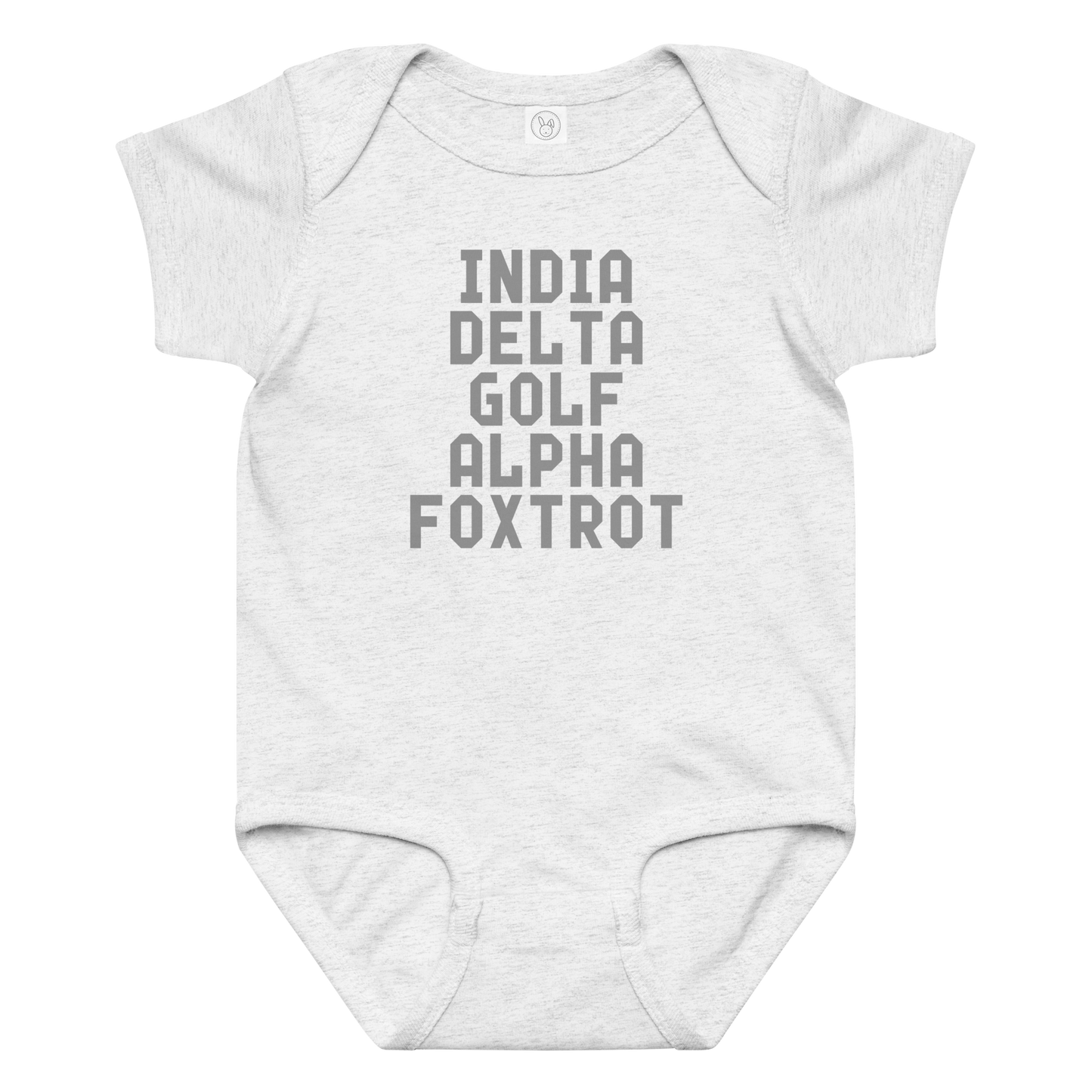 "India Delta Golf Alpha Foxtrot" printed on a ash baby jersey bodysuit laying on a flat surface amongst other clothes