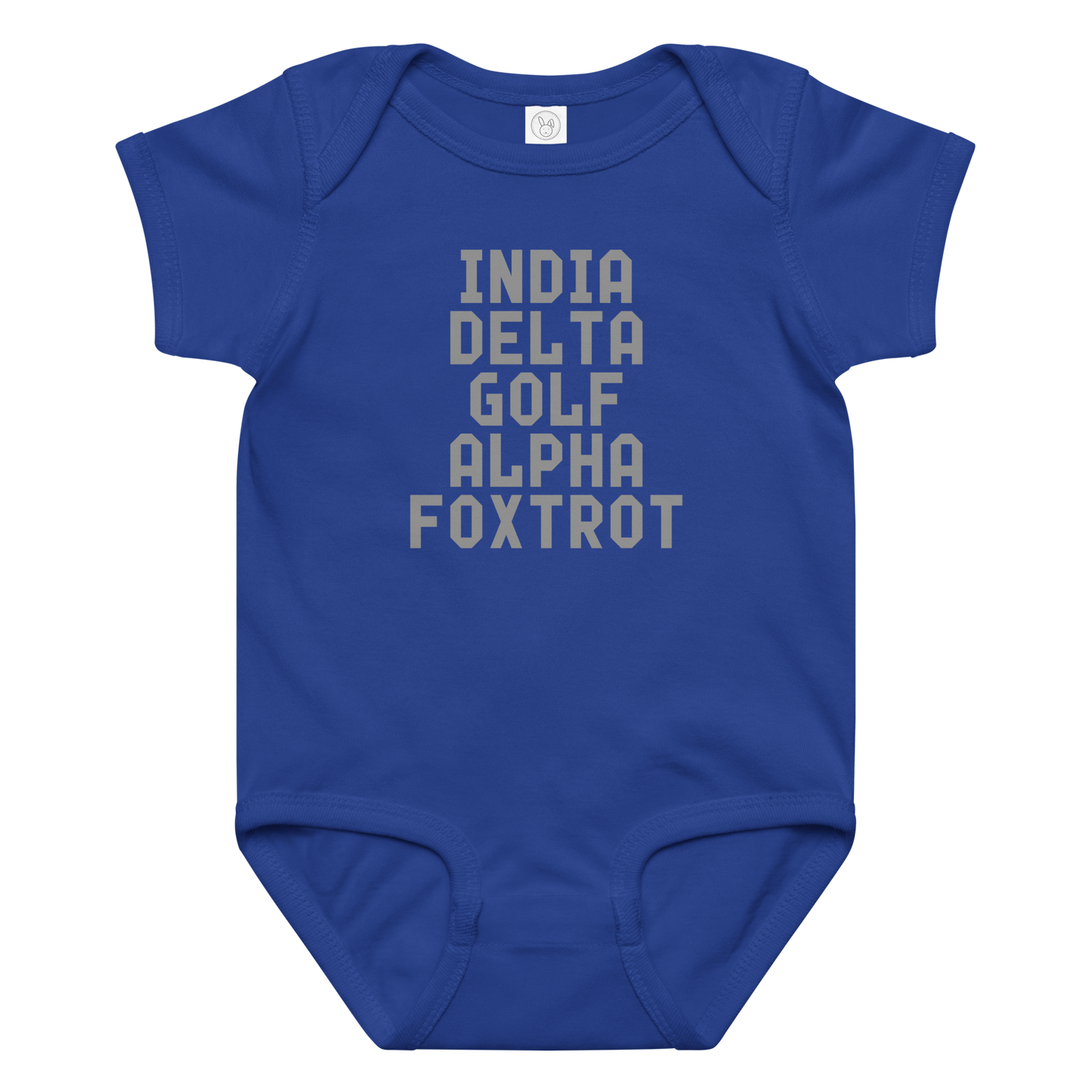 "India Delta Golf Alpha Foxtrot" printed on a royal baby jersey bodysuit laying on a flat surface amongst other clothes