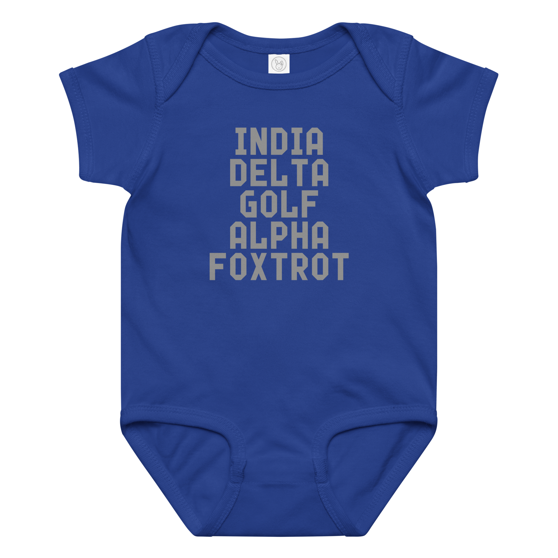 "India Delta Golf Alpha Foxtrot" printed on a royal baby jersey bodysuit laying on a flat surface amongst other clothes