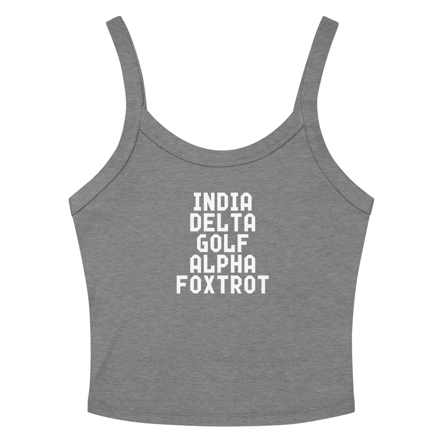 "India Delta Golf Alpha Foxtrot" printed on a athletic heather women's micro-rib tanktop laying on a flat surface amongst sunglasses and shorts