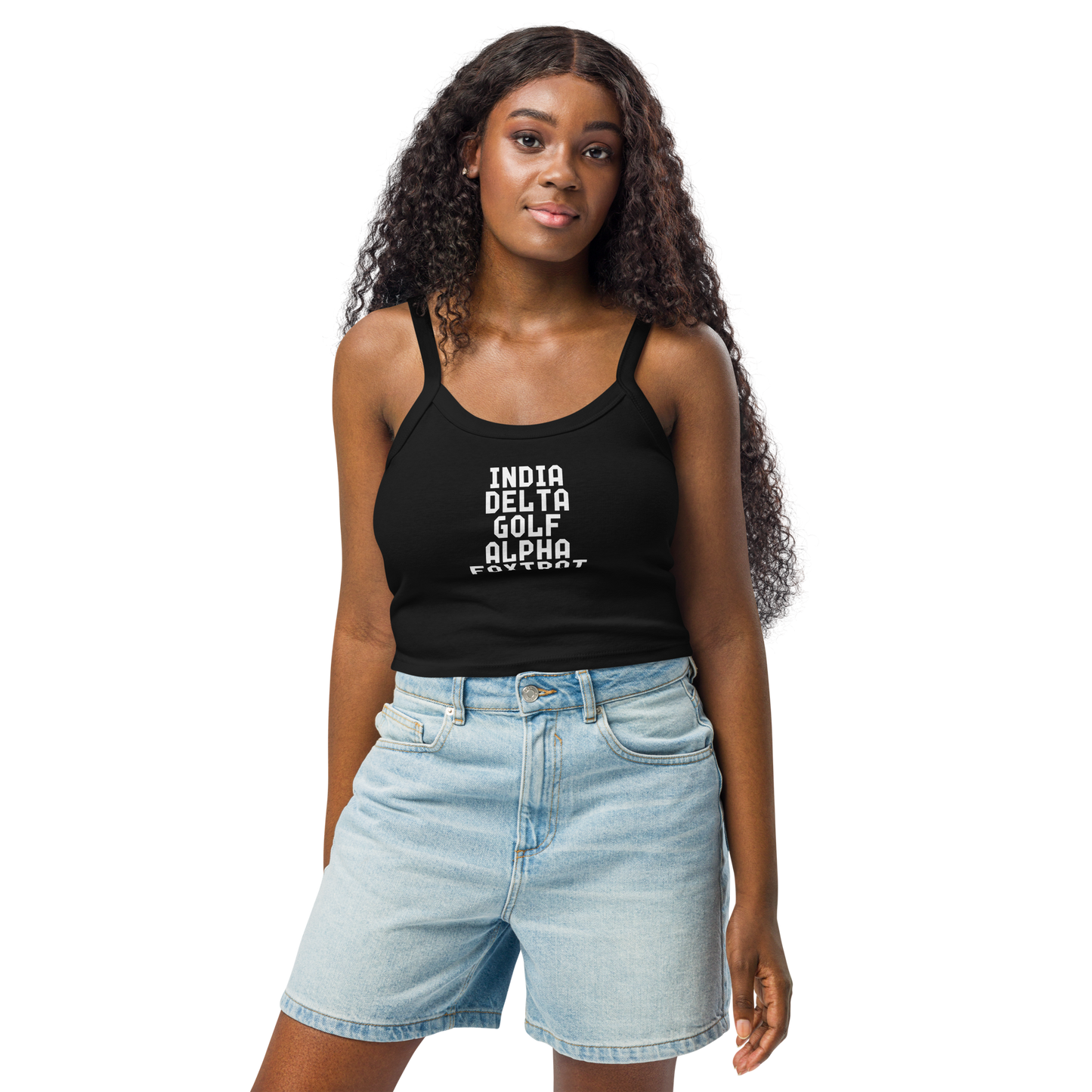 "India Delta Golf Alpha Foxtrot" printed on a solid black blend women's micro-rib tanktop worn by a female