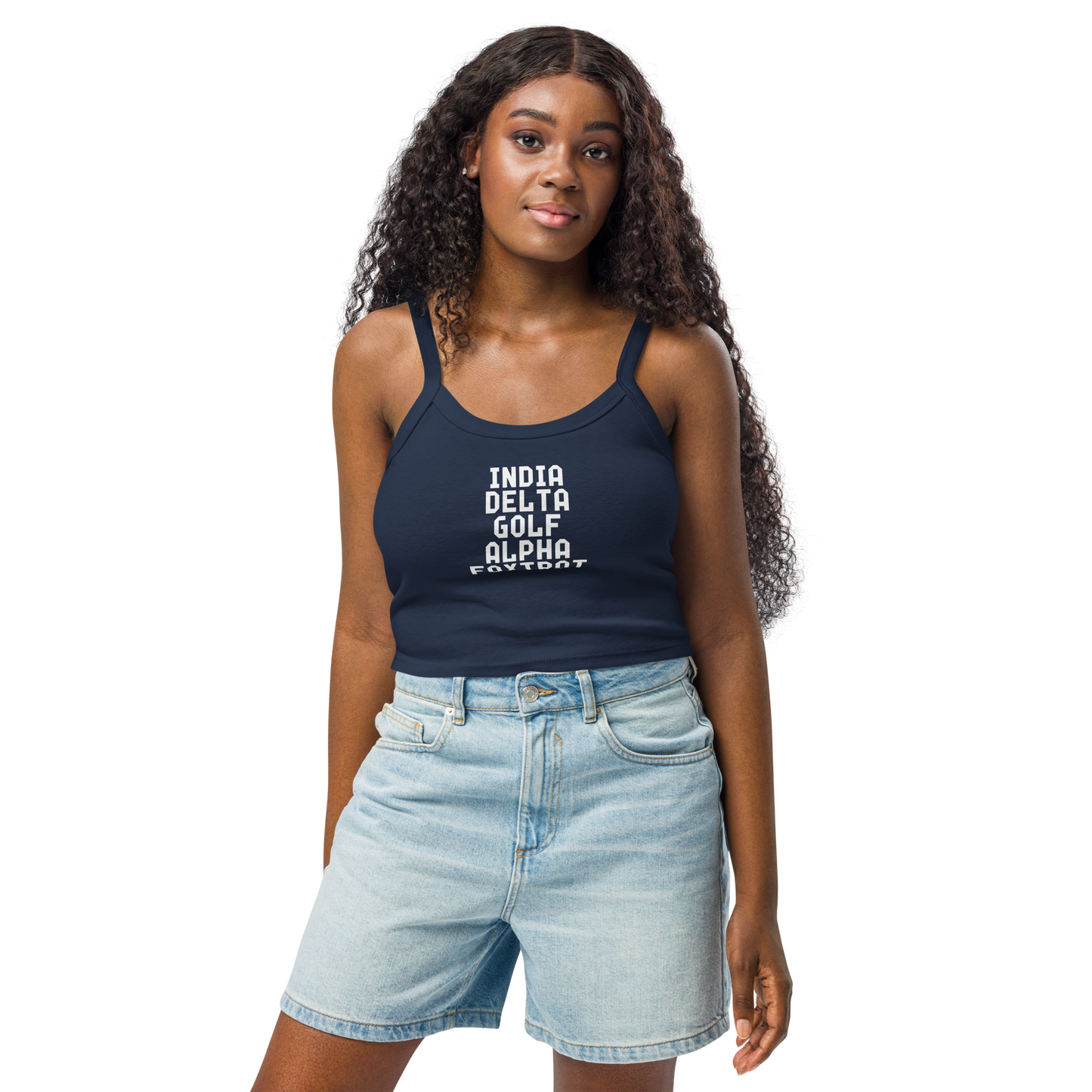 "India Delta Golf Alpha Foxtrot" printed on a solid navy blend women's micro-rib tanktop worn by a female