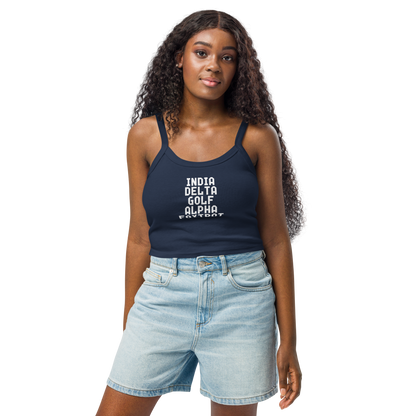 "India Delta Golf Alpha Foxtrot" printed on a solid navy blend women's micro-rib tanktop worn by a female