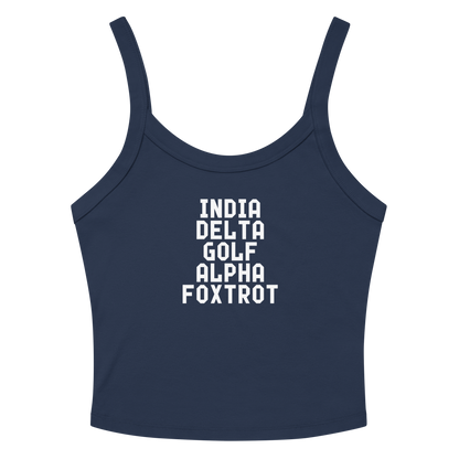 "India Delta Golf Alpha Foxtrot" printed on a solid navy blend tbd