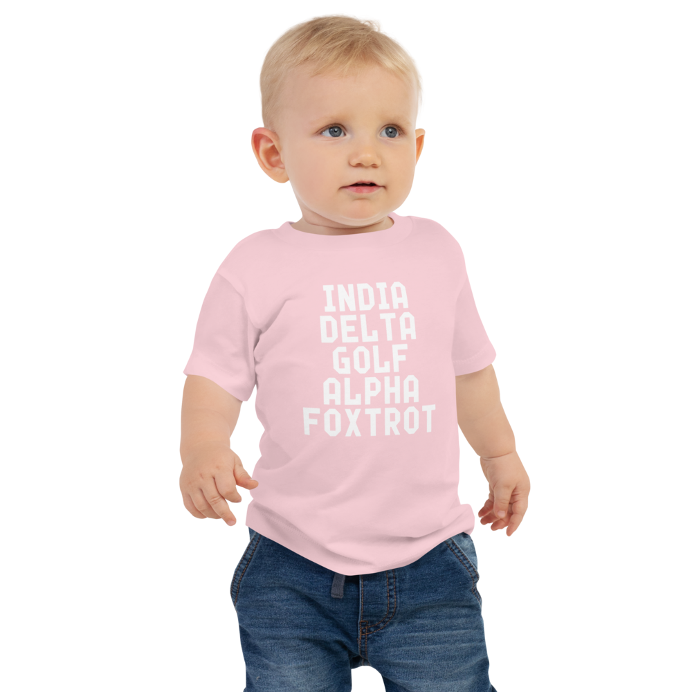 "India Delta Golf Alpha Foxtrot" printed on a pink baby jersey short sleeve tee worn by a male