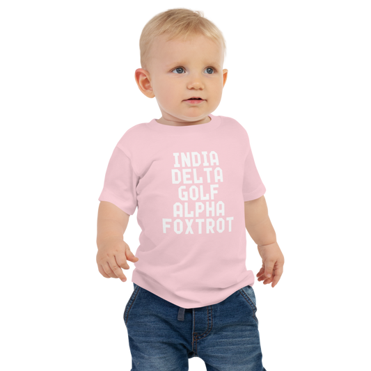 "India Delta Golf Alpha Foxtrot" printed on a pink baby jersey short sleeve tee worn by a male