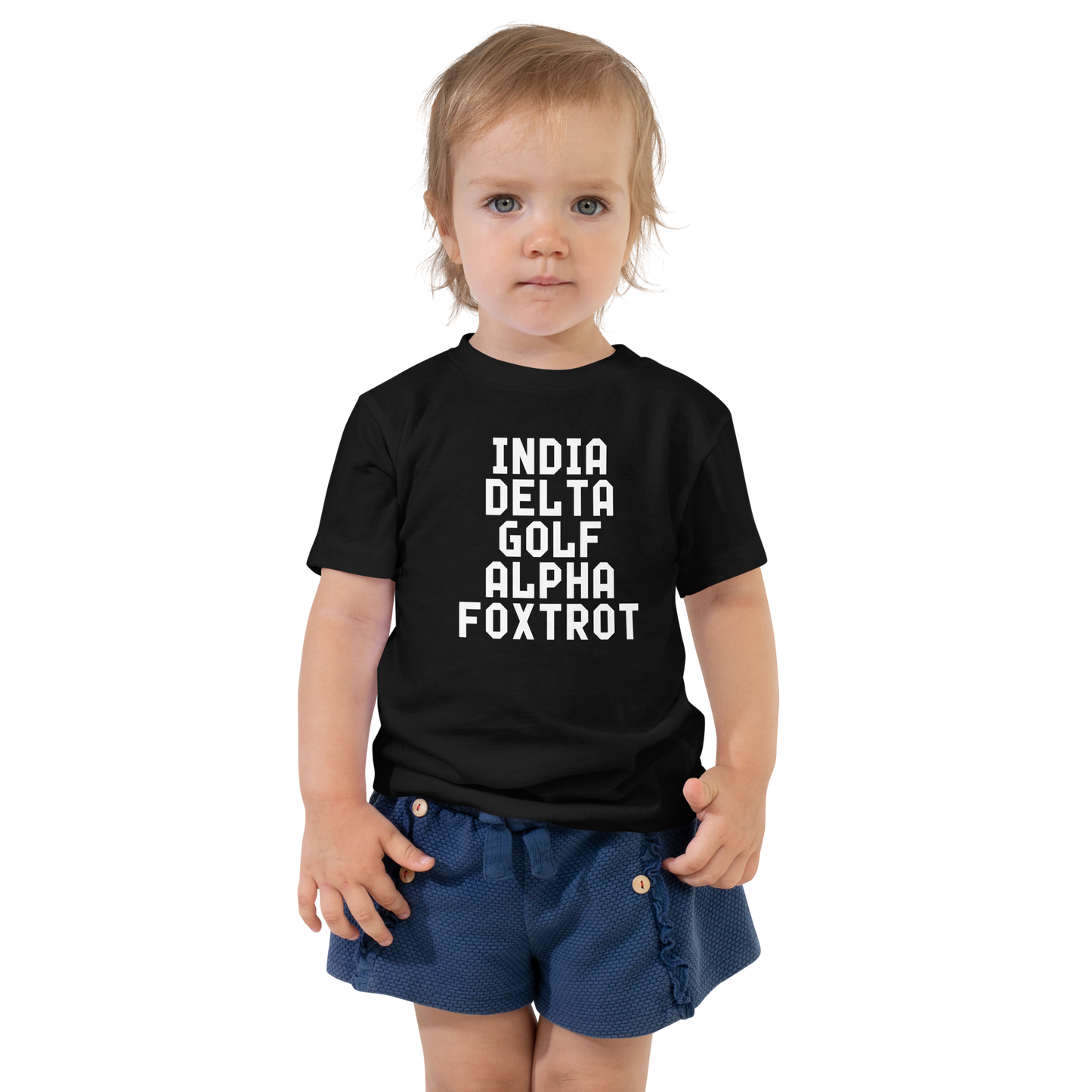 "India Delta Golf Alpha Foxtrot" printed on a black toddler short sleeve tee worn by a female