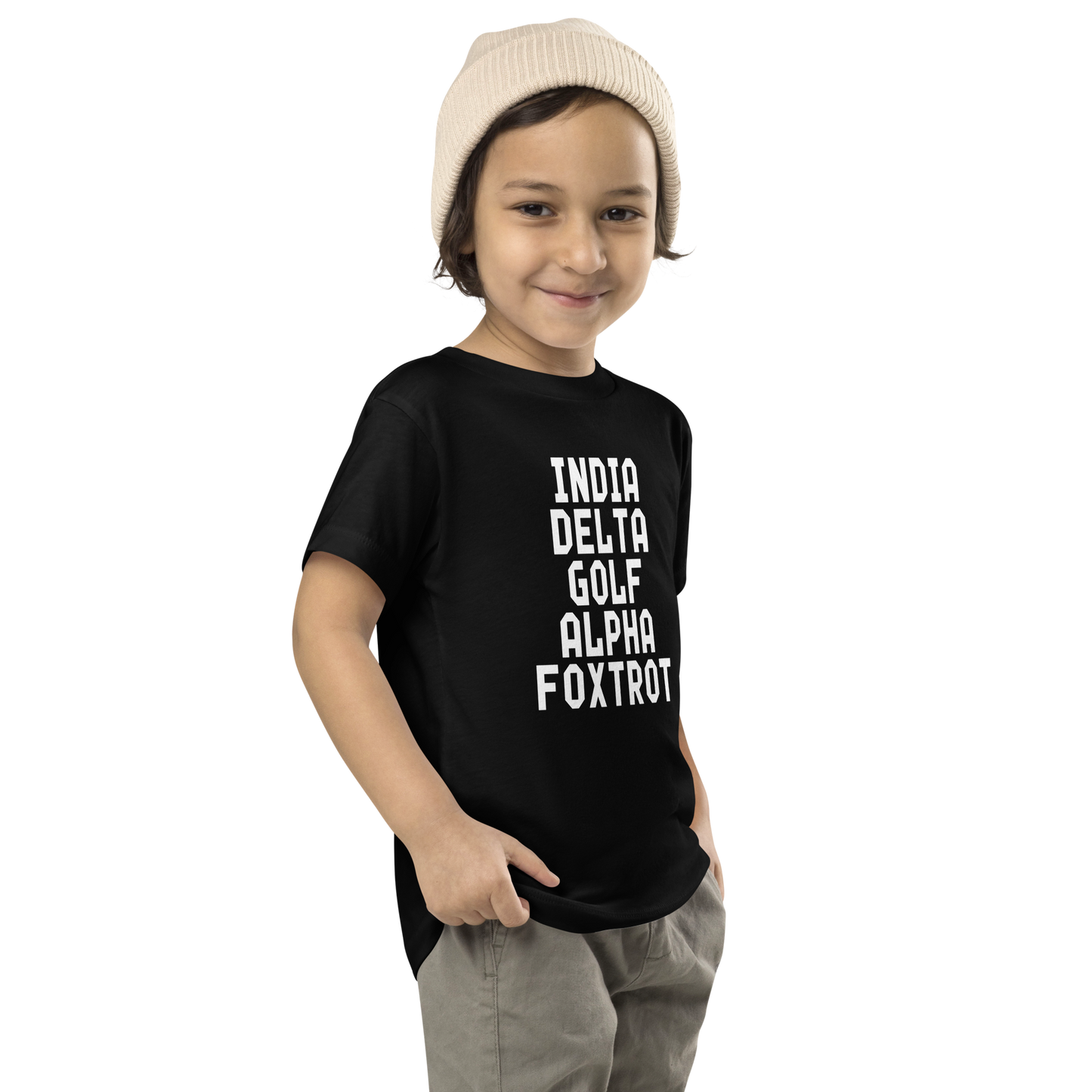 "India Delta Golf Alpha Foxtrot" printed on a black toddler short sleeve tee worn by a male who is also wearing a knit cap